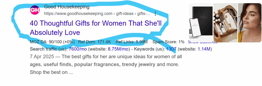 Title tag that shows up when you google birthday gifts for her