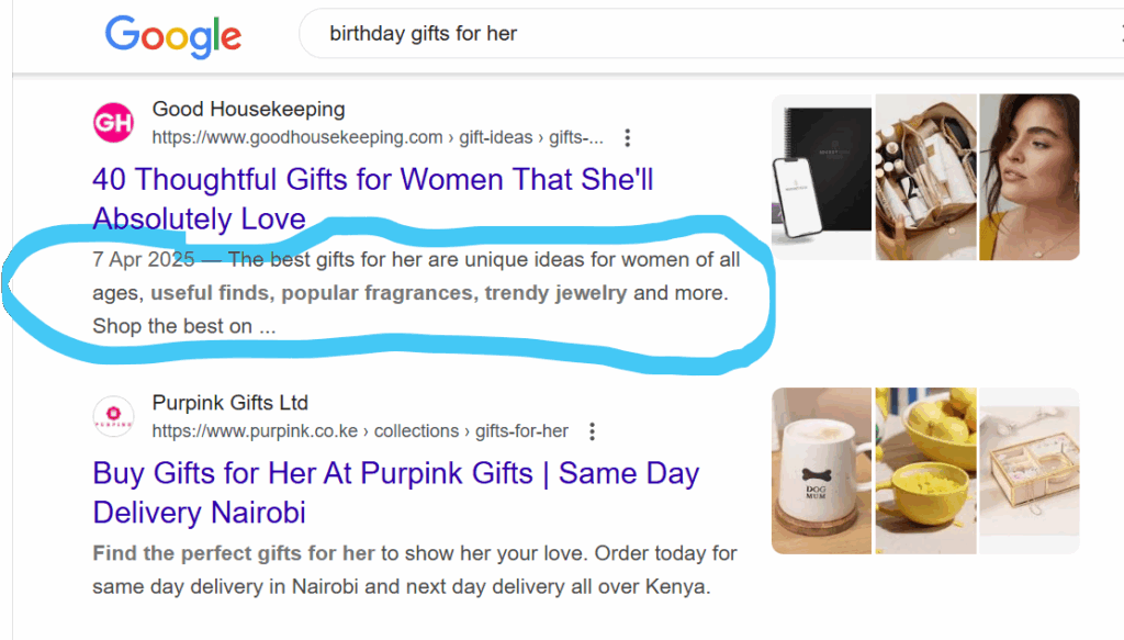 The summary text that appears below the title tag when you search for "birthday gifts for her"