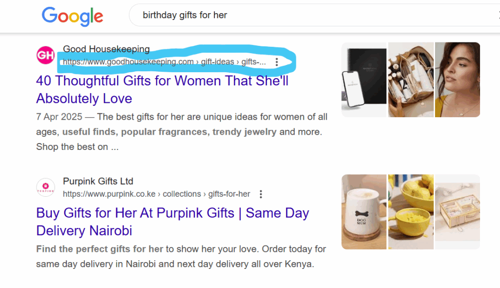 highlighted URL structure that shows up when you search for "birthday gifts for her"